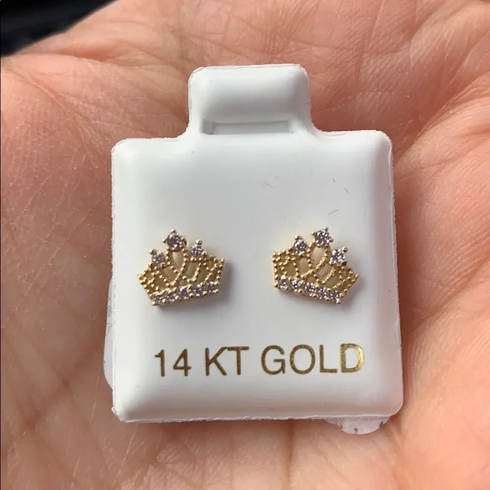 Solid 14k yellow gold princess Crown Earrings kid.